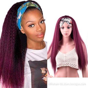 Wholesale Red 24 Inch Chic Style Kinky Straight Hair Headband Wig With Pre-attached Scarf Synthetic Yaki Straight Headband Wigs